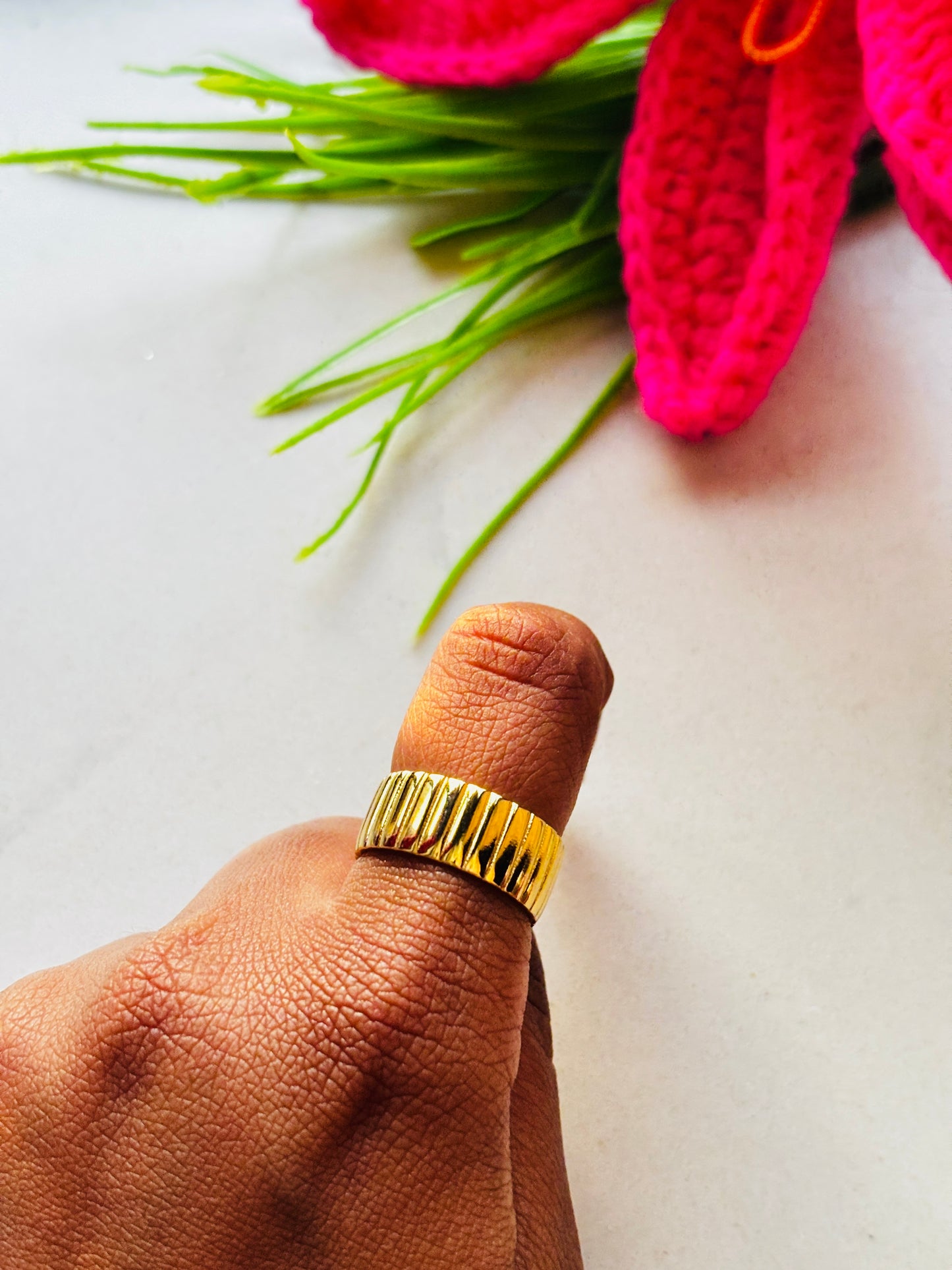 Wide Ribbed Gold Cuff Ring