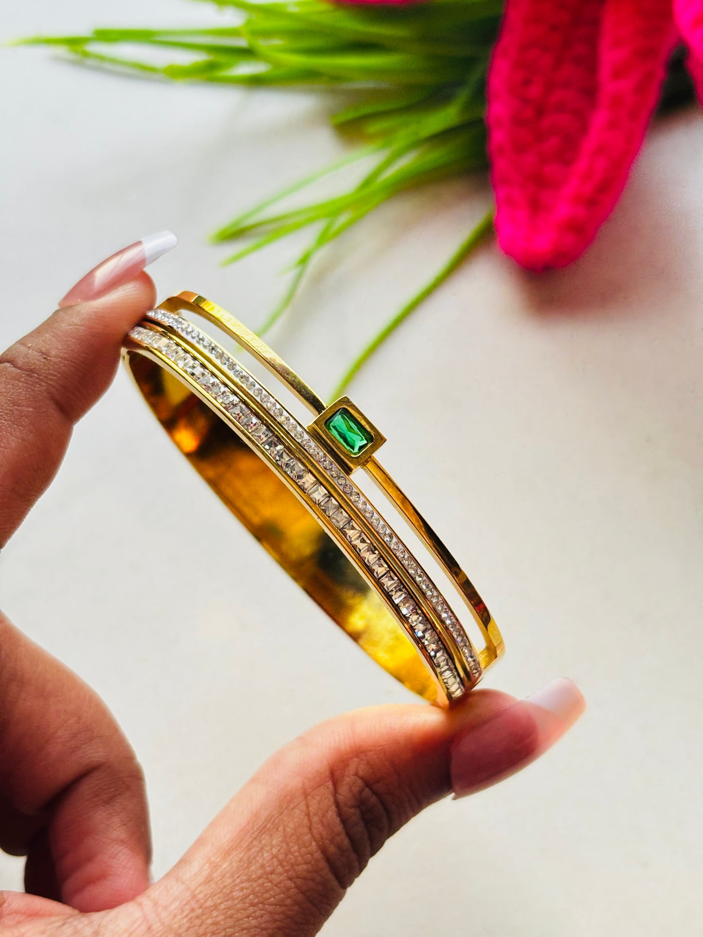 Double-Band Pave Diamond & Emerald Kada