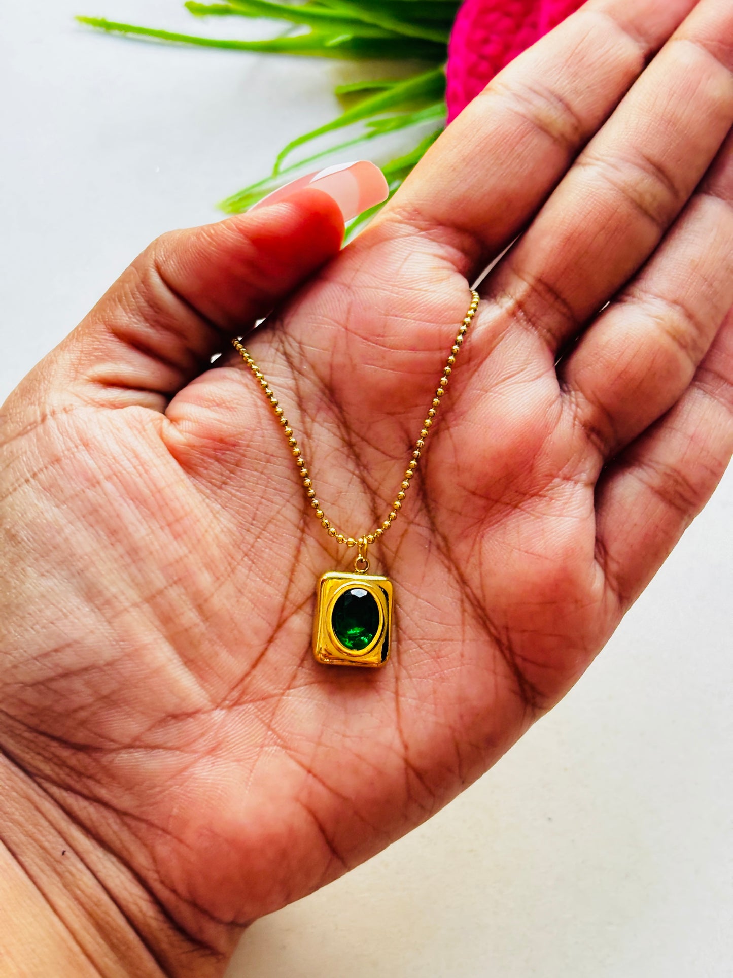 Gold Rectangular Green Stone Necklace