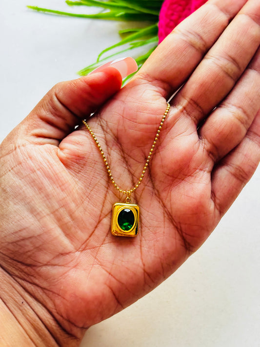 Gold Rectangular Green Stone Necklace