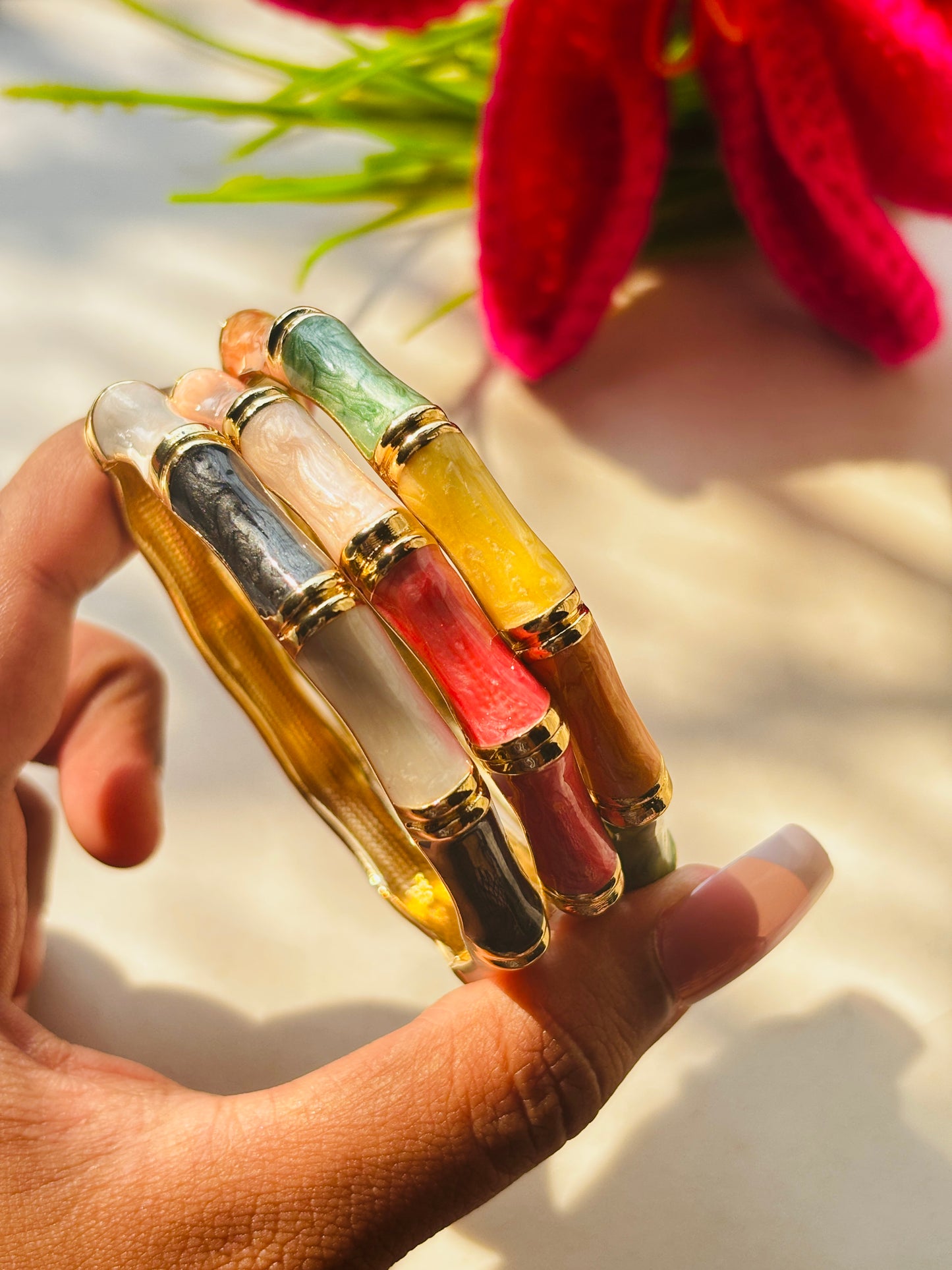 Pink & Beige Bamboo Bangle Bracelet