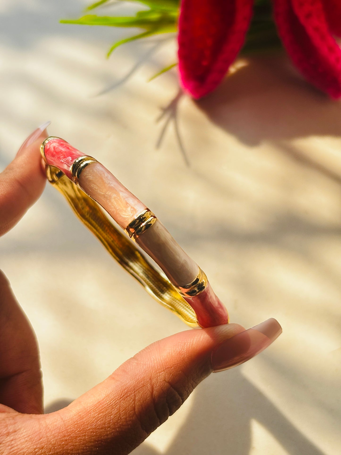 Pink & Beige Bamboo Bangle Bracelet