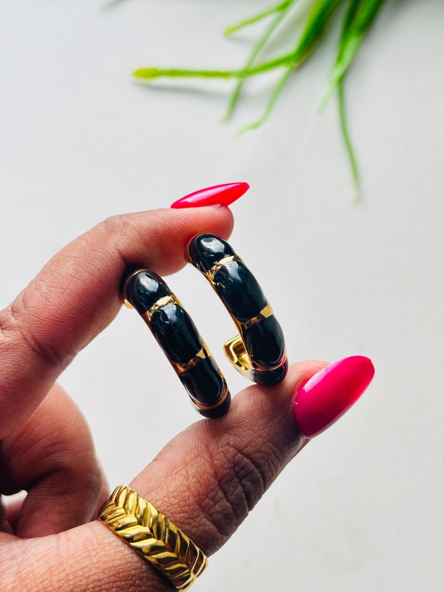 Black Enamel Bamboo Hoop Earrings