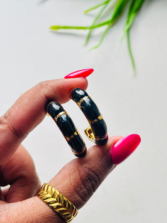 Black Enamel Bamboo Hoop Earrings