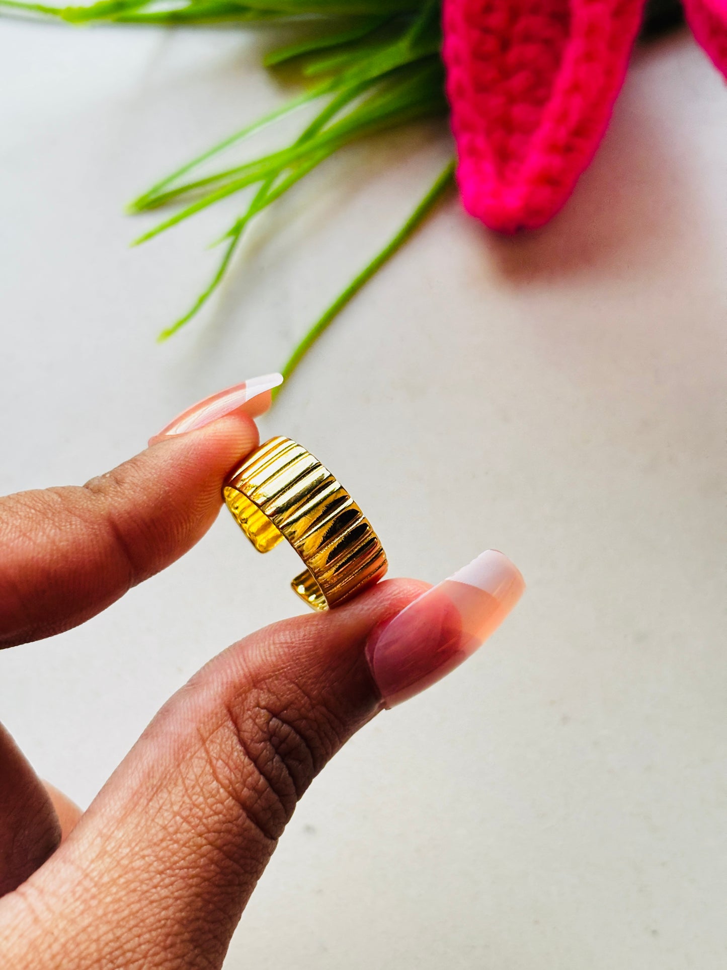 Wide Ribbed Gold Cuff Ring