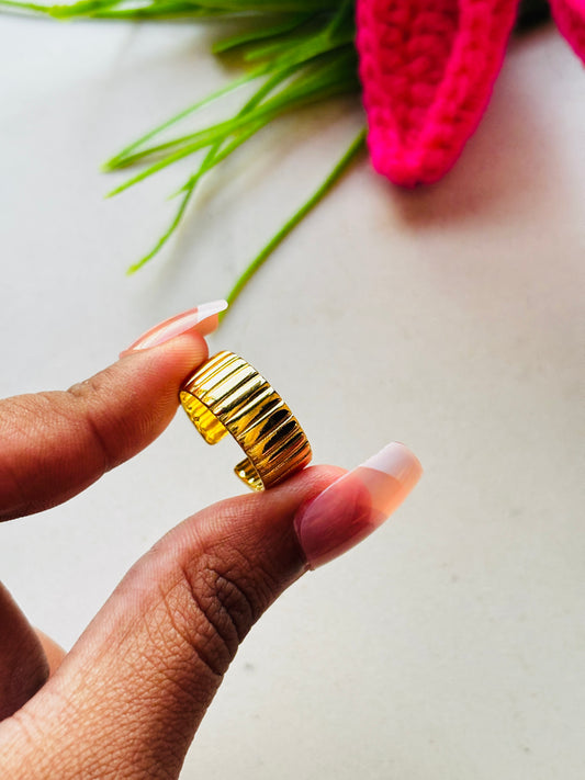 Wide Ribbed Gold Cuff Ring