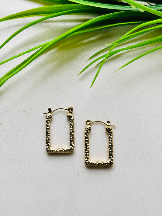 Hammered Rectangular Gold Hoop Earrings