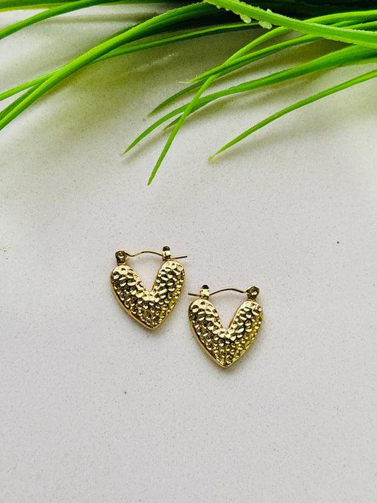 Hammered Heart Gold Hoop Earrings